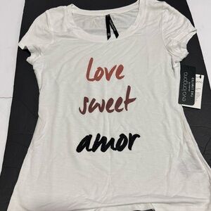 Eva Longoria White Graphic Tee with Love Sweet Amor Design